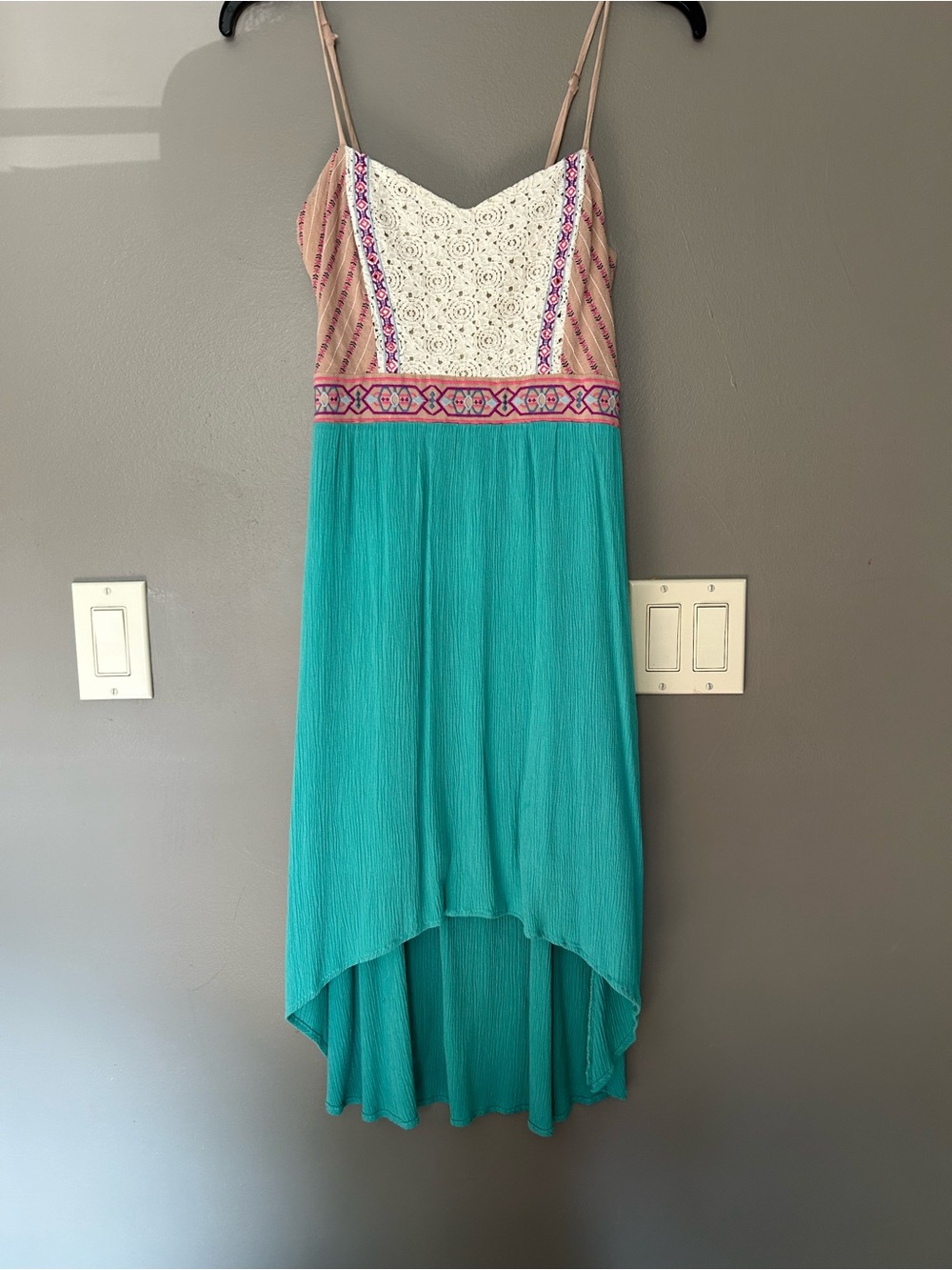 Teal High-Low Spaghetti Strap Dress with Cream Lace Bodice